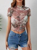 Nueva camiseta de manga corta elegante con estampado de malla, camisetas de manga corta con ribete de oreja de madera para mujeres - details 1