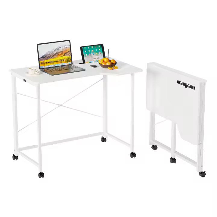 Rcynview Escritorio Plegable, Escritorio para Computadora con Ruedas, Mesa Plegable con Ranuras para Tarjetas, Ahorro de Espacio y Móvil, Adecuado para Oficina en Casa y Estudio (Color Blanco, 90 x 56 x 76 cm) - 1