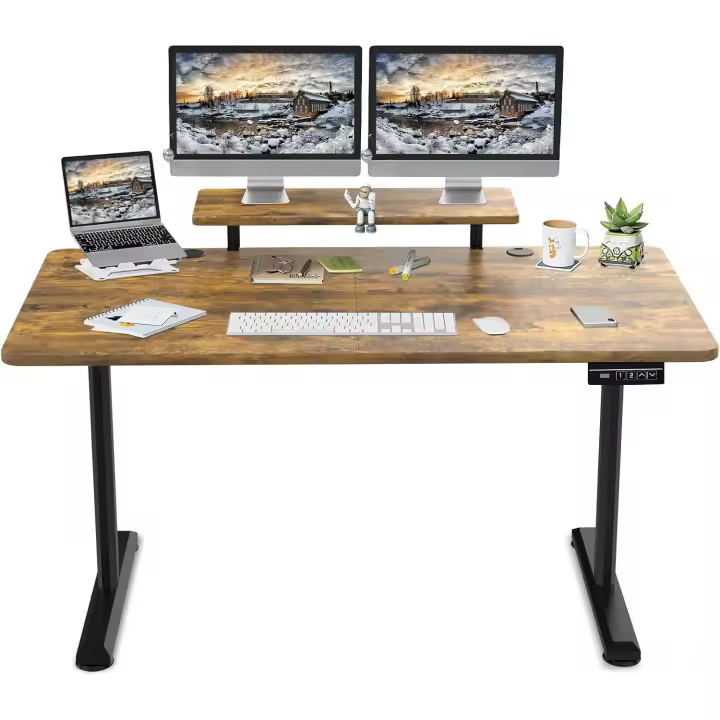 Escritorio de pie de 160x70cm, altura ajustable con estantes para monitor, escritorio de pie eléctrico, altura ajustable, estante de almacenamiento, oficina en casa, tablero de empalme, color marrón - 1