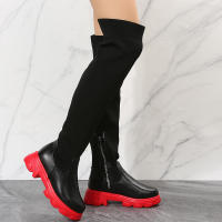 Botas de cuero por encima de la rodilla para mujer, zapatos de tacón grueso de punto rojo, terciopelo cálido, punta redonda, transpirables, talla grande, invierno, 2023 - details 10