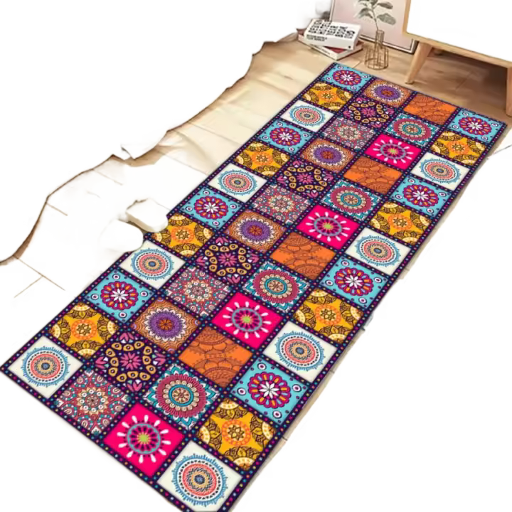 Alfombra de suelo de Mandala de estilo bohemio suave, alfombra antideslizante a cuadros, alfombra rectangular Floral de Mandala, cocina/sala de estar - 1