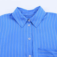 OUWU- Traje De Mujer Nuevo Verano 2025 Diseño De Rayas Azules Y Blancas Camisa Suelta De Manga Larga Conjunto De Pantalones Con Cordón Casual Y Perezoso - details 4