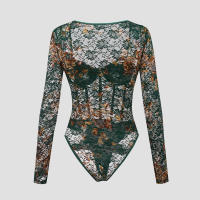 Vintage temperamento floral encaje aros ver a través de manga larga slim hottie interior mono verde - details 3