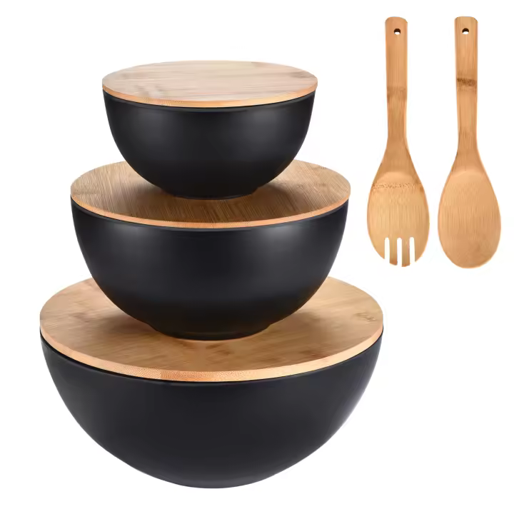 Cuencos para servir ensaladas con tapas - Juego de cuencos de fibra de bambú de 5x10x10 pulgadas con tapas de madera - Juego de cuencos y tableros multiusos para cocina - Juego de cuencos para servir y preparar alimentos - Juego de 3 - 1