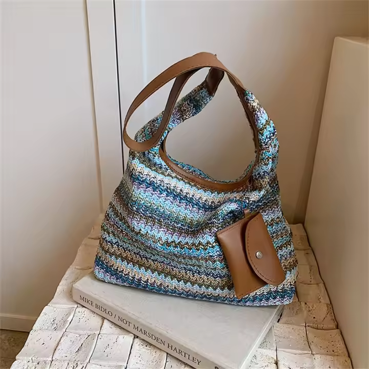 Bolso de hombro tejido a la moda, bolso de paja de gran capacidad de ratán, bolsos grandes trenzados hechos a mano para playa de verano - 1