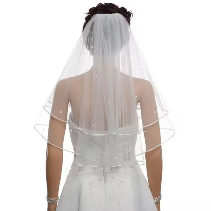 Velo de novia con cuentas y centro de borde de cinta de 2 niveles 2T 2025 - 1