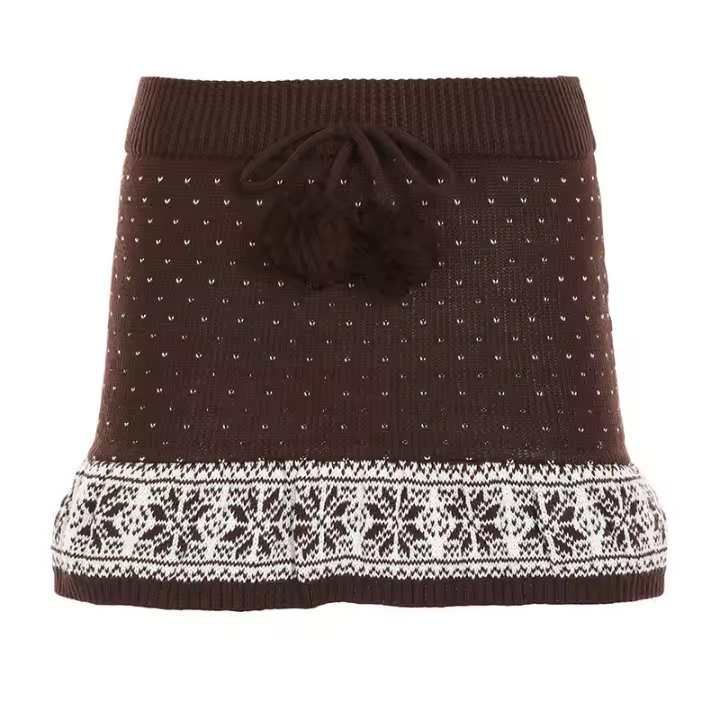 BUNO-suéter acampanado de ganchillo con forma de corazón, falda marrón con cordones, bolas peludas, faldas de punto decorativas, ropa de calle Grunge Fairycore Y2K - 1