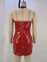 PU charol cuello en V profundo cintura ceñida ajustado ceñido al cuerpo mujeres sin mangas flaco Mini vestido de noche fiesta Club - details 5