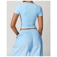 Top corto de manga corta con cuello en V para mujer, camiseta ajustada de yoga, camiseta deportiva de alta elasticidad, top de fitness - details 6