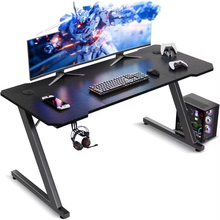 120 x 60 cm, Escritorio Gaming en Forma de Z Ergonómica, Mesa Gamer de Fibra de Carbono, Mesa para Ordenador con Gancho para Auriculares, Negro - 1