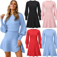 Vestidos de suéter de manga acampanada para mujer, vestido con forma de princesa, Azul S - details 0