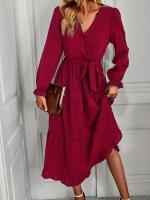 Vestidos largos informales para mujer, Vestido de manga larga con cuello en V y cintura alta, rojo burdeos S - details 7