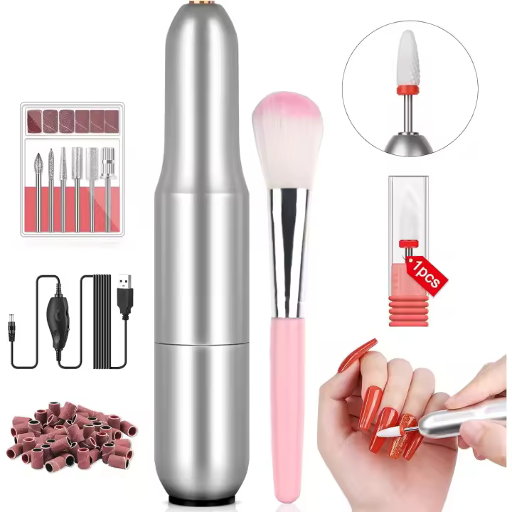 Máquina pulidora eléctrica portátil para uñas, Kit de manicura con USB, 7 brocas de piezas y 51 bandas de lijado, 20000RPM - 1