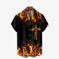 Camisas Hombres, Vintage 3D Moda Red Flame Hawaiian Summer, Camisa de manga corta de gran tamaño para hombres 2023 - details 6