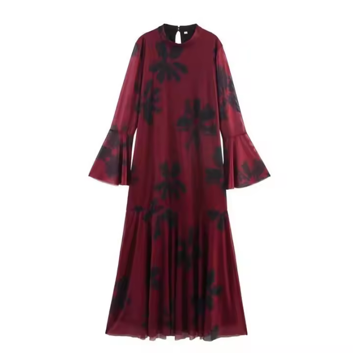 Otoño nueva malla con estampado floral para mujer, vestido de vacaciones con cuello redondo y mangas acampanadas de talla grande - 1