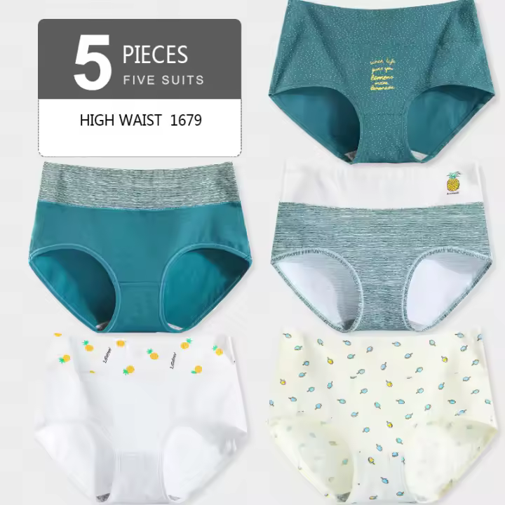 Bragas de mujer de cintura alta 5 piezas Puro algodón Ropa interior de moda para niñas Bragas transpirables sin costuras Lingerie sexy para mujer Estilo BRIEF Hechas en China - 1