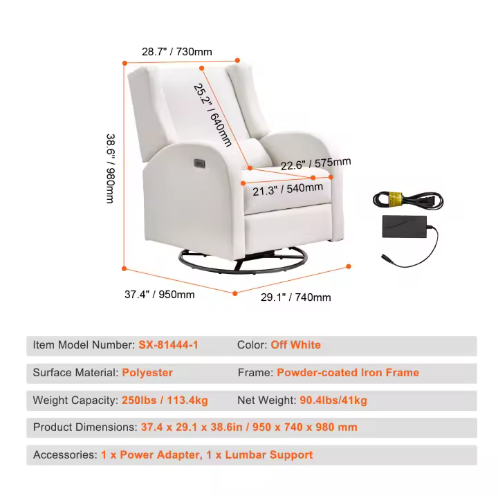 SucceBuy Sillón reclinable eléctrico y planeador giratorio. Ángulo ajustable. Superficie de poliéster. Mecedora reclinable para sala de estar, dormitorio - 1