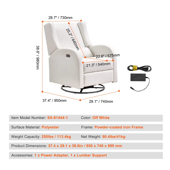 SucceBuy Sillón reclinable eléctrico y planeador giratorio. Ángulo ajustable. Superficie de poliéster. Mecedora reclinable para sala de estar, dormitorio - 1