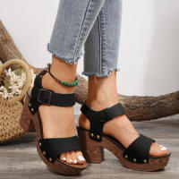 Sandalias de plataforma de tacón alto para Mujer, zapatos de cuero sintético con remaches, zuecos con hebilla en el tobillo, verano, 2024 - details 4