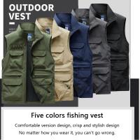 2025 nuevo verano hombres sin mangas ocio al aire libre chaleco con cuello levantado hombres muchos bolsillos Color sólido transpirable chaleco fino chaleco masculino - details 0