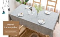 Mantel Rectangular Impermeable Antimanchas de Algodón y Lino, Resistente al Aceite para Mesa Mantel, Patrón Raya de Borlas Empalm - details 0