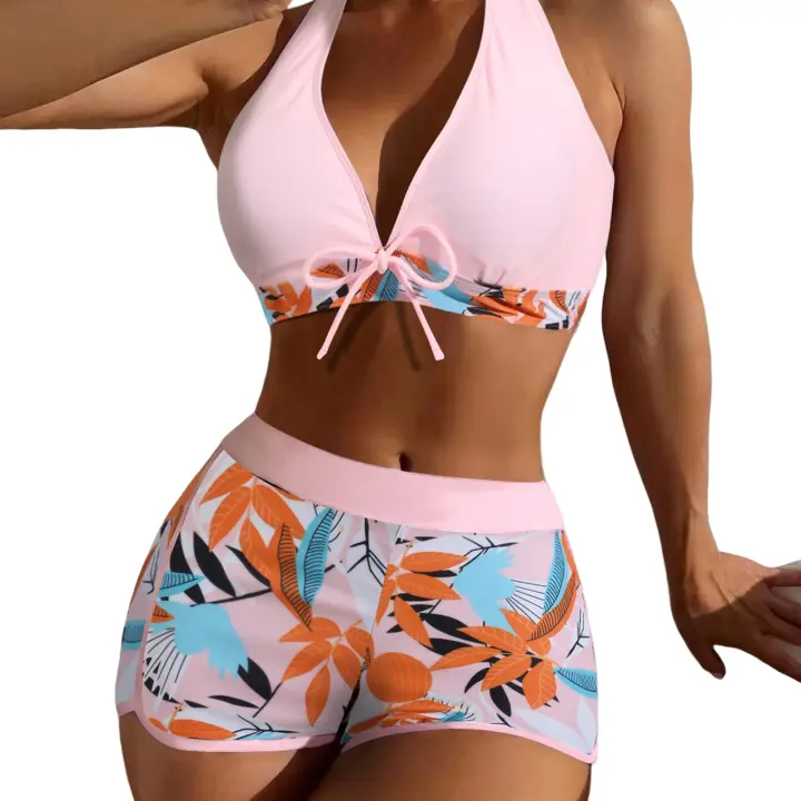 Conjunto de Bikini para mujer, traje de baño dividido, pantalones cortos, corbata, estilo brasileño, talla S a XL - 1