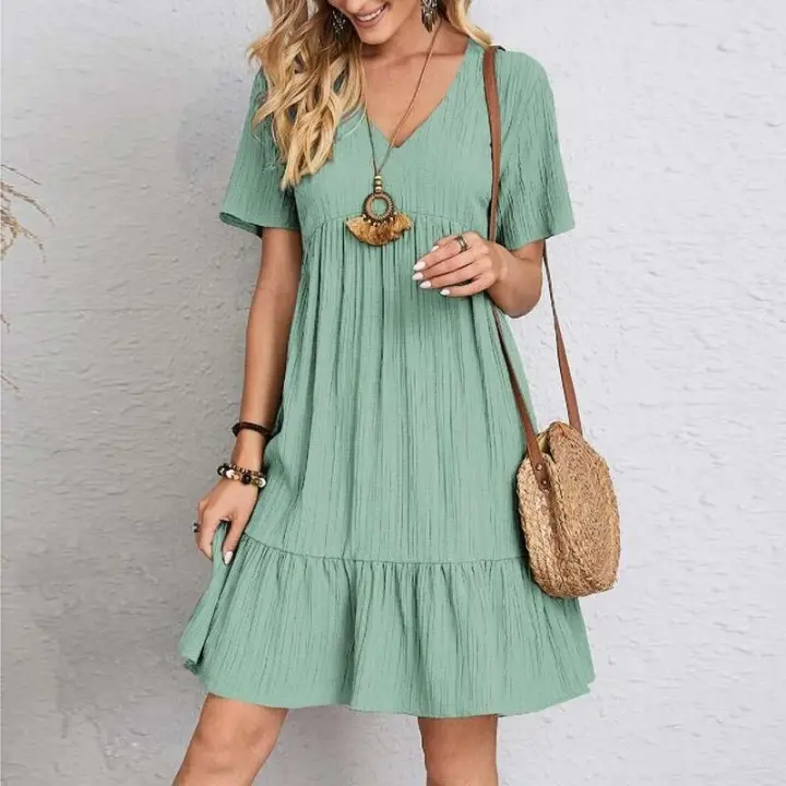 Vintage sólido elegante mujeres 2023 moda de verano Casual cuello pico cintura alta A-e Mini vestidos señora vestido de fiesta de manga corta - 1