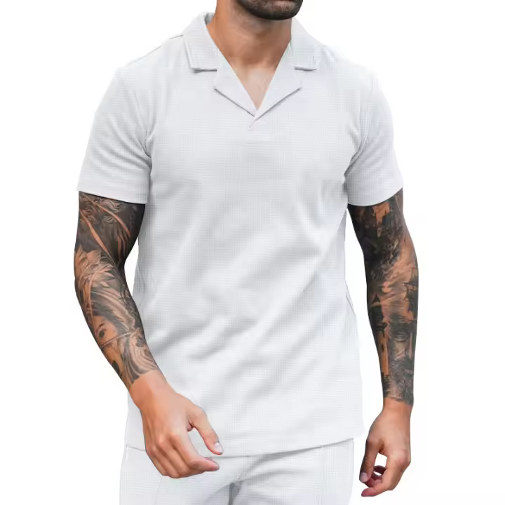 Verano 2025 para hombre, camiseta casual de manga corta con cuello polo y solapa en V, color sólido. - 1