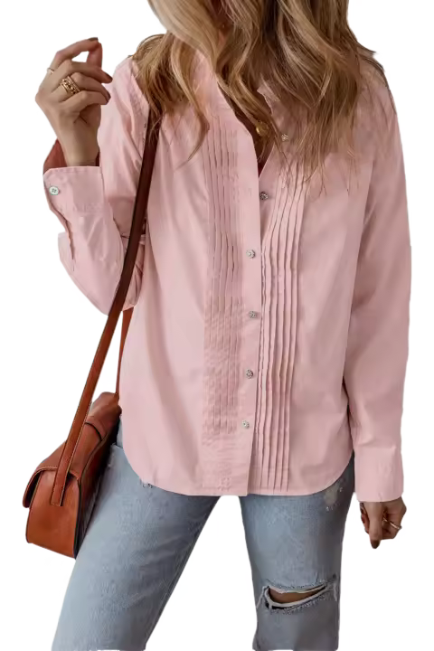 Elrachen Camisa informal holgada con botones plisada rosa claro para mujer, rosa claro, tallas S-XL - 1
