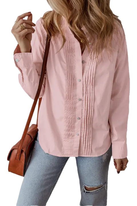 Elrachen Camisa informal holgada con botones plisada rosa claro para mujer, rosa claro, tallas S-XL - 1
