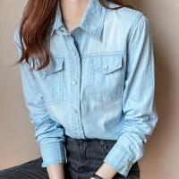 Camisa Vaquera Para Mujer Estilo Universitario Larga Versátil De Denim Ajustada Tallas S-3XL Cuello En V Botones Sin Estirar - details 7