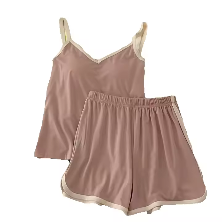 Pijama de seda helada de sensación fresca para mujer: conjunto de chaleco con tirantes de verano con almohadillas incorporadas en el pecho, ropa para el hogar de estilo fino - 1
