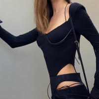 BUNO-2023 primavera novedad de verano Body de mujer de manga larga ajustado Sexy negro mamelucos femeninos Y2K High Street Casual Rave Clubwear monos - details 6