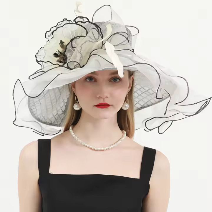 Gorra de Derby a Cuadros con Plumas y Flores para Mujer 2024 Verano Gorra de Boda de Organza con Velo Amplio Ccare de Polyester Secado Normal Instrucciones de Cuidado - 1
