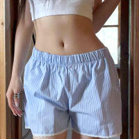 Pantalones cortos básicos cómodos e informales sueltos con botones de cintura elástica tejidos a rayas de verano para mujer - details 87