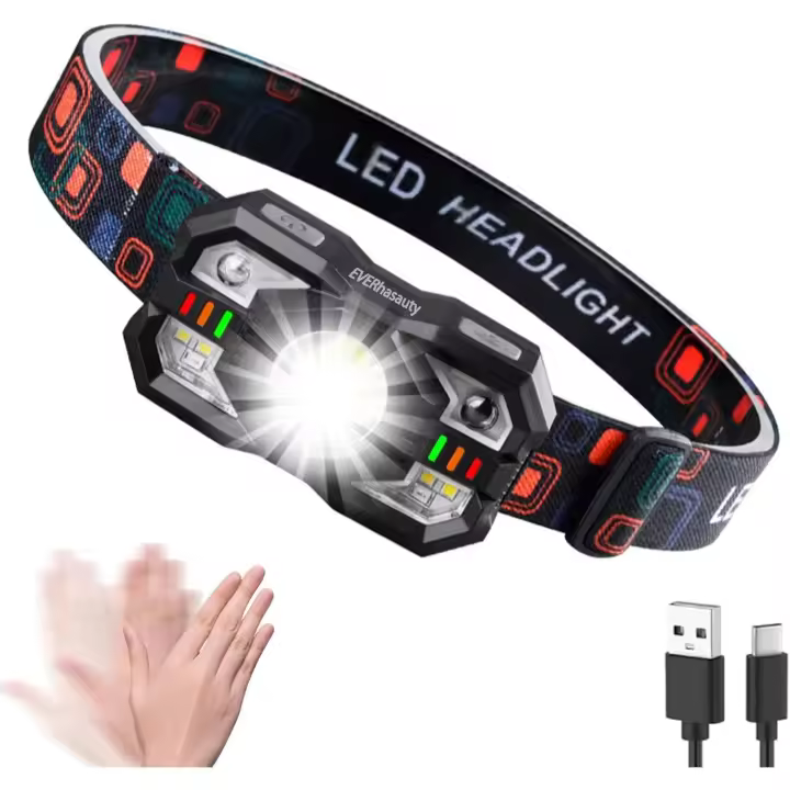 Linterna frontal recargable, 1200 lúmenes, LED superbrillante, sensor de movimiento, 10 modos, impermeable, ligera, linterna frontal con luz roja, para senderismo, correr, pesca, ciclismo, camping - 1