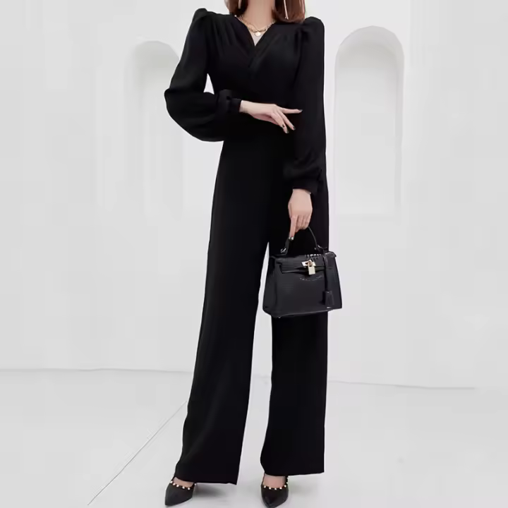 Elegante cuello en V de manga larga, mono liso, moda de primavera, cintura delgada, suéter de pierna ancha para mujer - 1