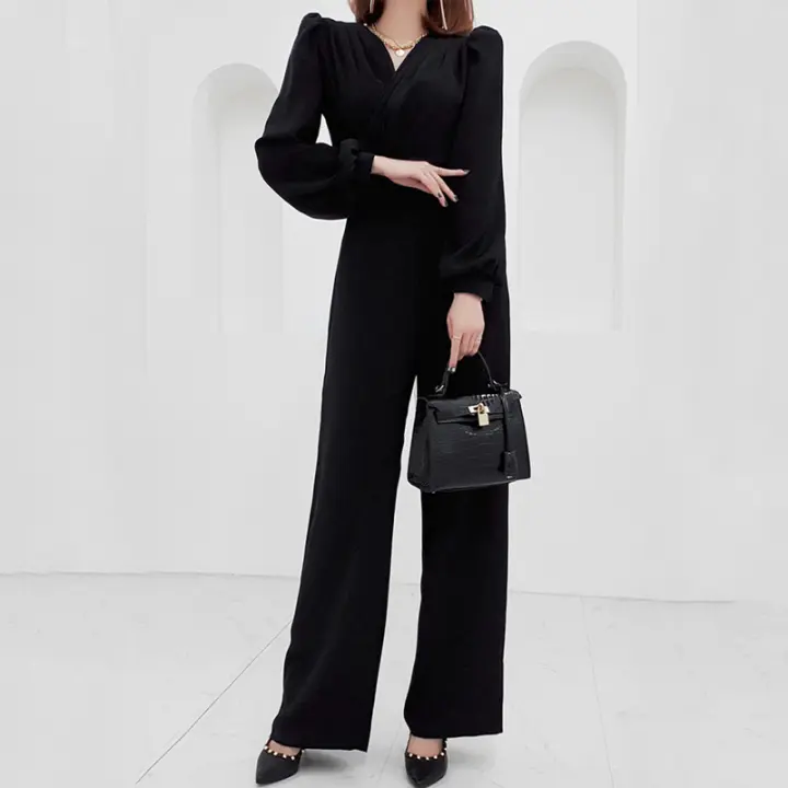 Elegante cuello en V de manga larga, mono liso, moda de primavera, cintura delgada, suéter de pierna ancha para mujer - 1