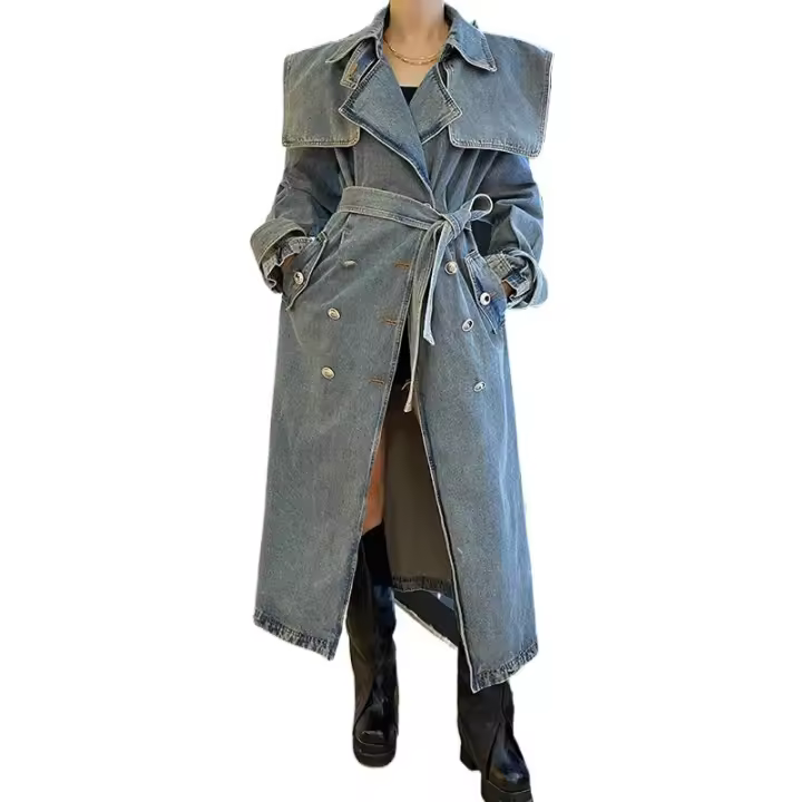 Abrigo de mezclilla largo para mujeres, trench de otoño e invierno, de manga larga, con cuello tipo chal, doble botonadura, con - 1