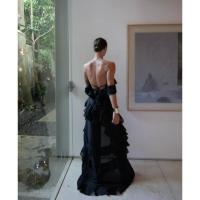 Vestido elegante con volantes y espalda descubierta para mujer, cuello oblicuo, sin mangas, con cordones, dobladillo irregular, largo hasta el suelo, vestidos para mujer de primavera - details 3