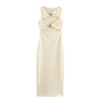 OUWU- Vestido Largo Liso Calado A La Moda Para Mujer, Vestido Elegante Con Cuello Redondo Y Decoración De Concha Marina, Vestidos Ajustados Sin Mangas Para Fiesta De Verano - details 0