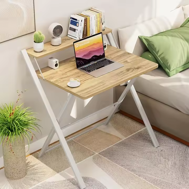 Escritorio Plegable con Estante del Monitor,Escritorio de Oficina deTamaño Pequeño sin Montaje,Escritorio Pequeño para Espacio Pequeño, Beige - 1