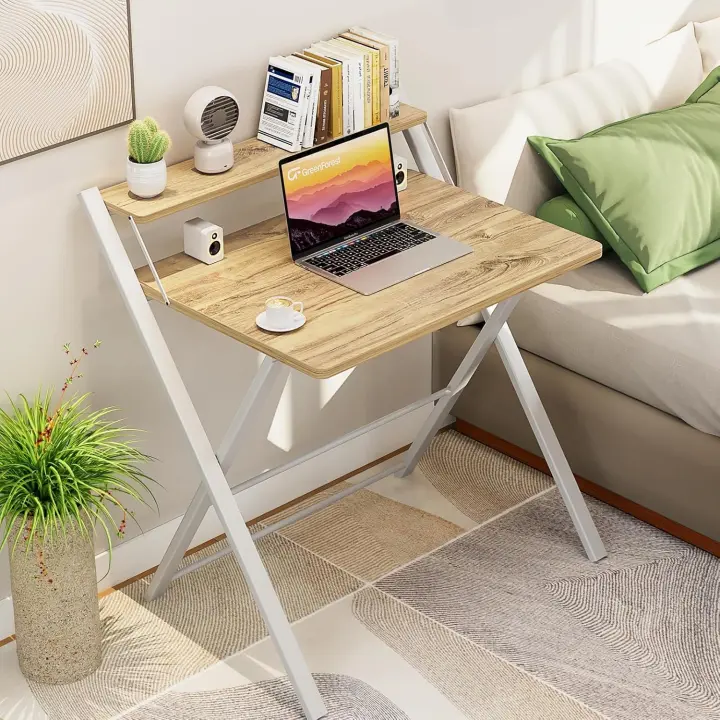 Escritorio Plegable con Estante del Monitor,Escritorio de Oficina deTamaño Pequeño sin Montaje,Escritorio Pequeño para Espacio Pequeño, Beige - 1