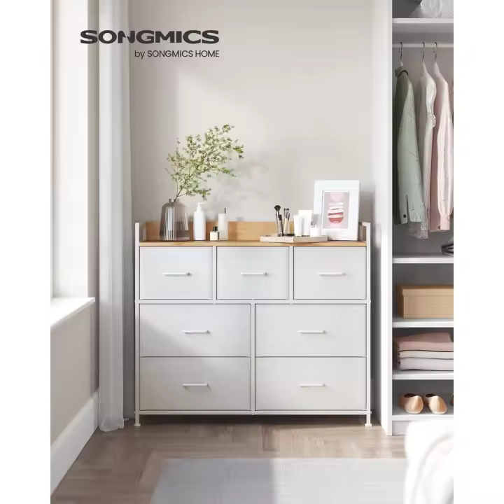 Cómoda, Cajonera, con 7 Cajones de Tela, con Tiradores, Marco de Metal, Estilo Moderno, Marrón Rústico y Negro Tinta - 1