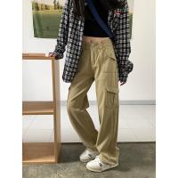 Pantalones vaqueros Cargo Vintage de color caqui americano, Pantalones rectos de cintura alta con bolsillo de moda, pantalones vaqueros holgados de pierna ancha para mujer - details 5