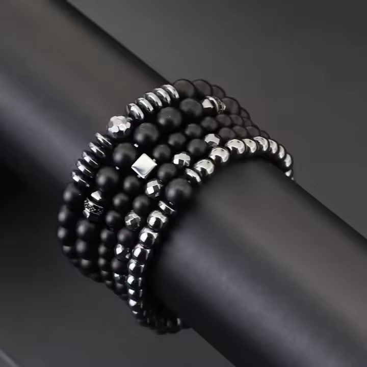 Conjunto de pulsera elegante para hombre, pulsera envolvente de circonia de lujo, pulsera curativa de hematita de ónix negro, regalo de cumpleaños para novio con cuentas - 1