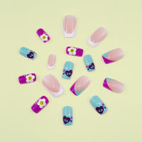 Set Completo De 24 Uñas Postizas Cuadradas Cortas Diseño Francés Color-Block Con Caras Amorosas Estilo Europeo Y Americano Incluye 1 Pegamento Jaleo Y 1 Linterna Perfecto Para Fiestas Bailes Y Uso Diario Desmontables Y Reutilizables - details 2