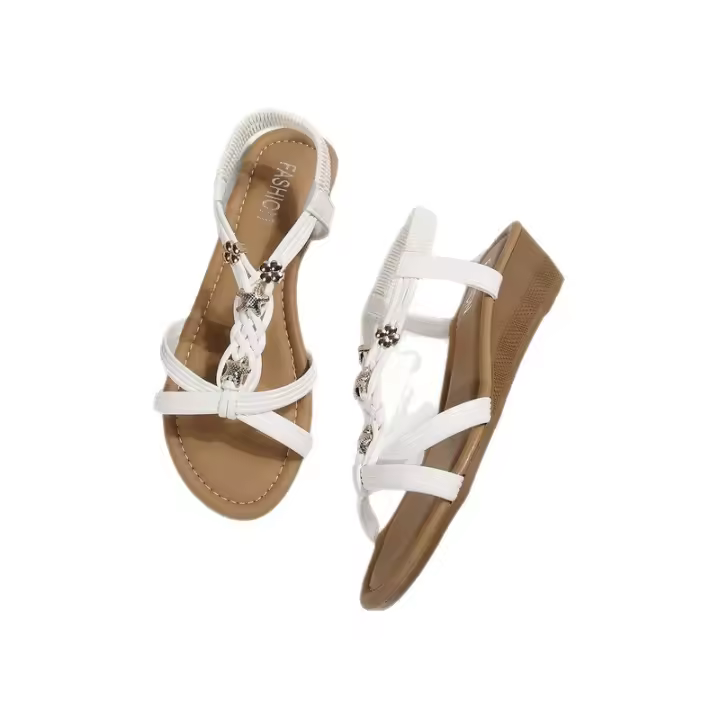 Sandalias de cuña para mujer 2025 Sandalias bohemias de moda con cuentas de punta abierta y punta redonda estilo coreano de verano - 1