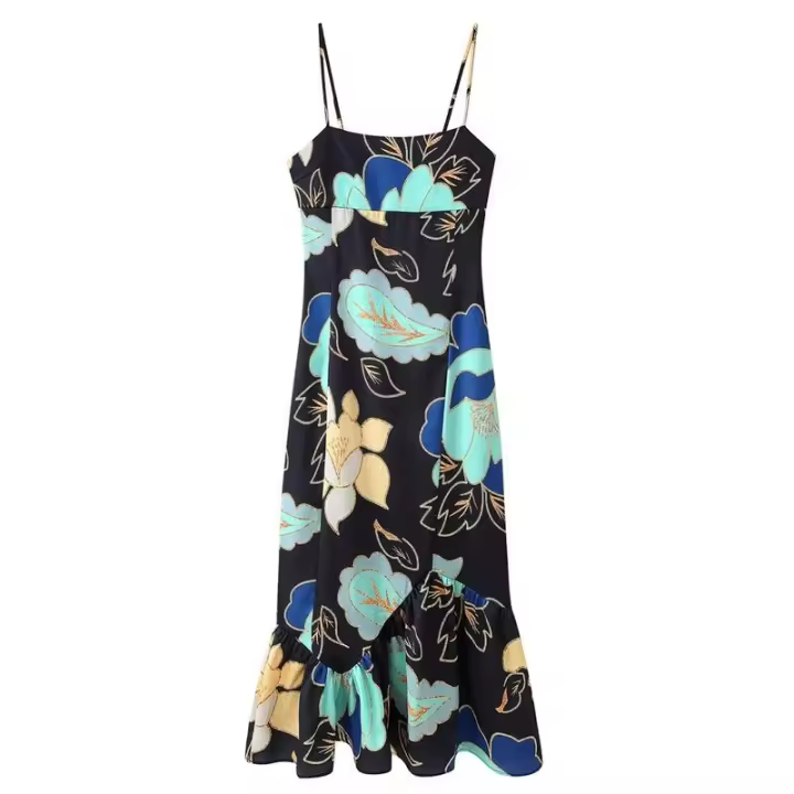 BUNO-2025 Vestido de mujer con tirantes finos, cuello cuadrado, estampado floral grande y dobladillo asimétrico con volantes para un look elegante - 1