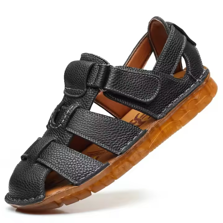 Sandalias Hombre Piel Negra Verano Cierre Velcro - 1